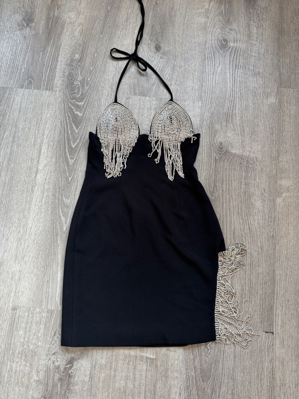 Black Mini Dress with Silver Beaded Fringe Halter